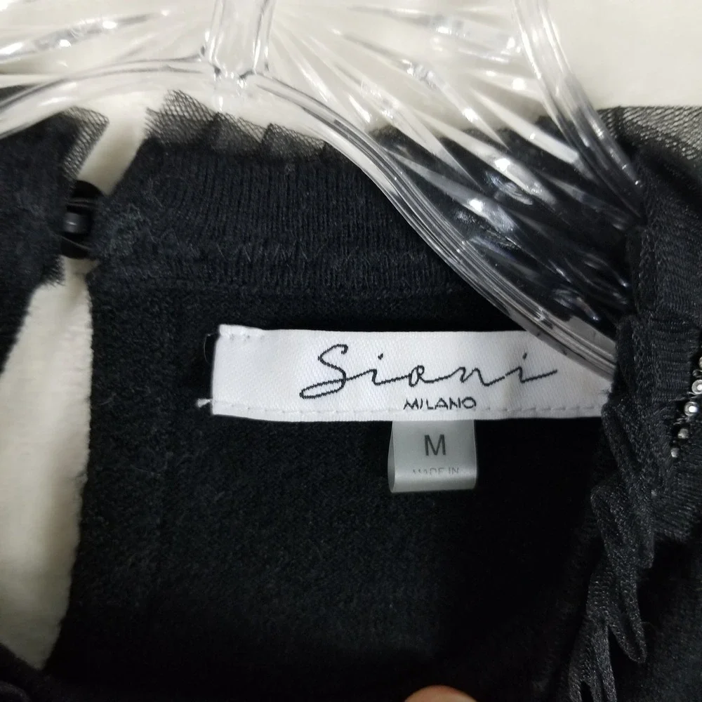 Siani Milano Sweater Women Medium Black Ruffle Tulle Bead Trim Pullover